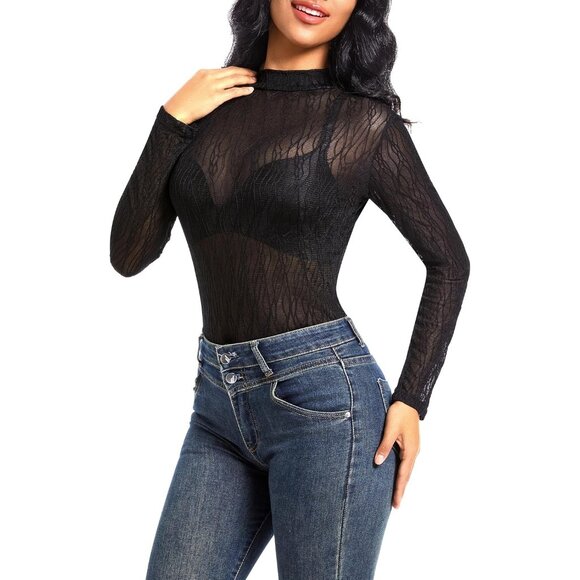 🆕 Women Black Long Sleeve Mesh Top Lace Mock Neck See Through Fitted Sexy Out - Picture 3 of 7